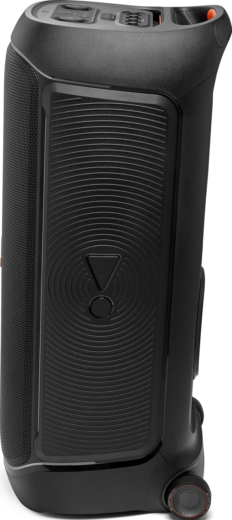 Enceinte noire JBL PartyBox 720. Comprend une grille de haut-parleur, un panneau de commande, une poignée et des roues. Logo JBL.