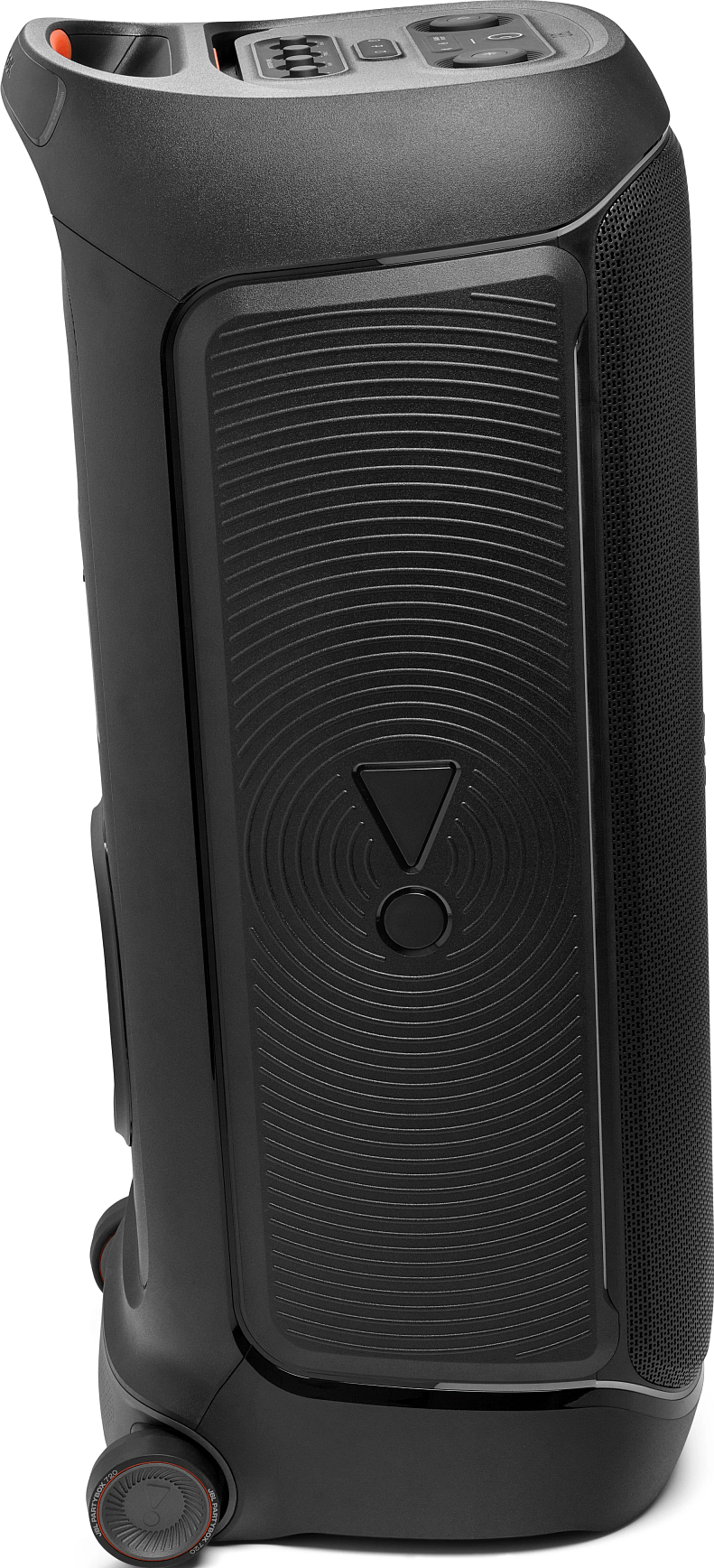 Une enceinte noire JBL PartyBox 720. Elle présente une face texturée avec le logo JBL, un panneau de commande sur le dessus et des roues.
