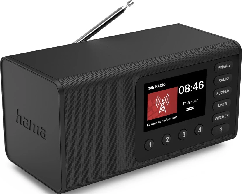 Une radio Hama noire avec un écran affichant l'heure et la date. Elle a des boutons et une antenne. L'écran affiche 'Das Radio'.