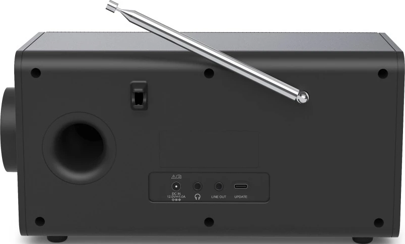L'arrière d'une radio noire avec une antenne argentée. Il possède divers ports et boutons, dont l'entrée CC, la sortie ligne et la mise à jour.