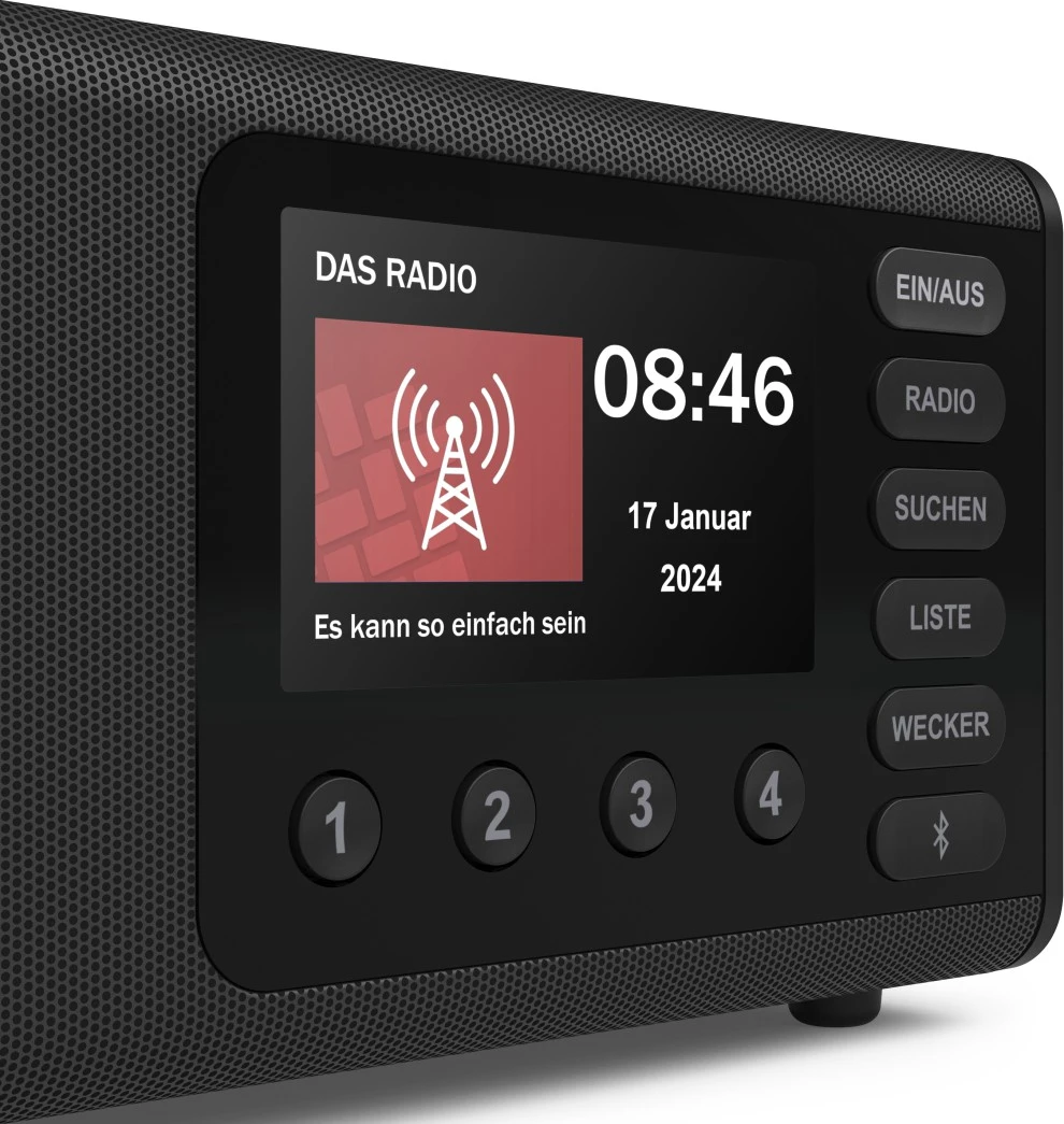 Une radio noire affiche l'heure et la date. Les boutons incluent marche/arrêt, radio, recherche, liste et alarme. L'écran affiche une icône de tour radio.