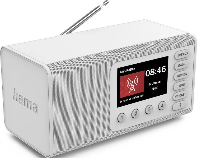 Une radio blanche avec un écran affichant l'heure, la date et le logo de la station. Boutons et antenne visibles.