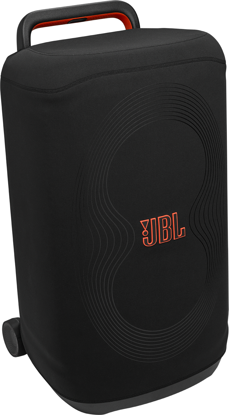 Schwarzer JBL-Lautsprecher mit rotem Griff und Logo. Er hat gewellte Linien an der Seite und ein kleines Rad.