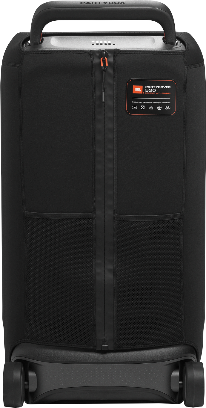 Schwarze JBL PartyBox-Lautsprecherabdeckung mit Griff, Reißverschluss, Taschen, Rädern und orangefarbenen Akzenten.