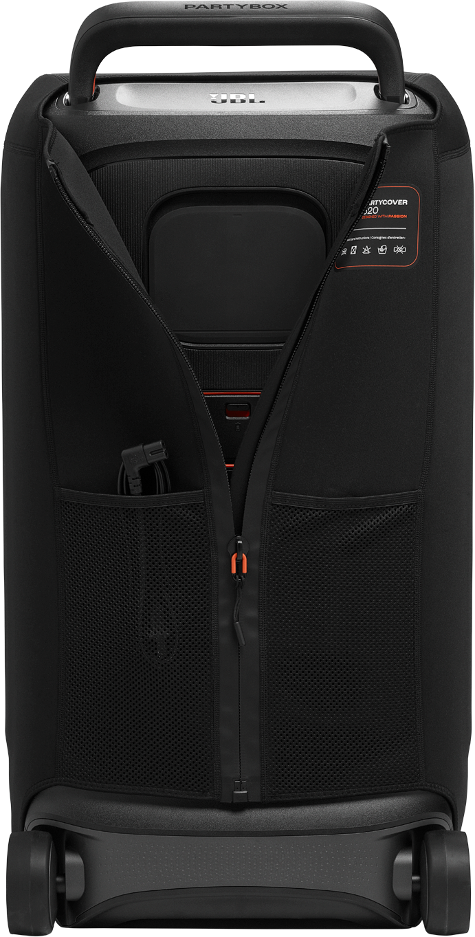 Schwarzer JBL PartyBox-Lautsprecher in einer schwarzen Hülle mit Reißverschluss. Zeigt Griff, Räder und eine Tasche mit Kabel.