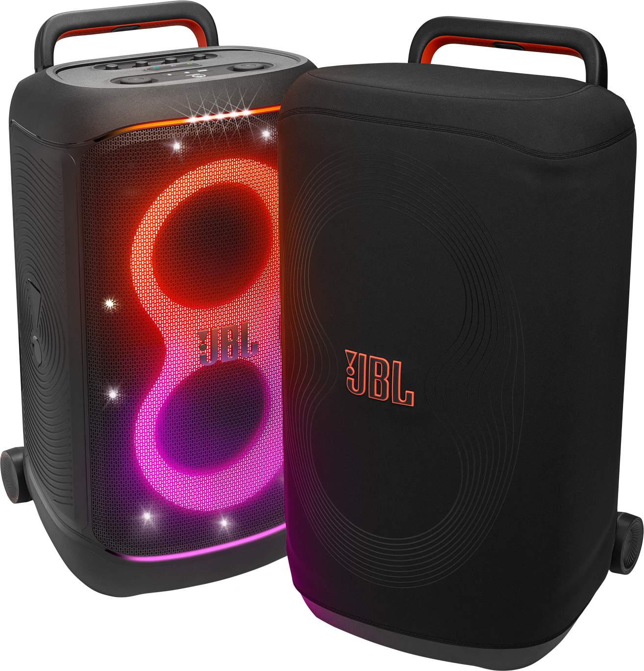 Zwei JBL-Lautsprecher. Einer mit roter und violetter Lichtanzeige. Der andere mit schwarzem Bezug.