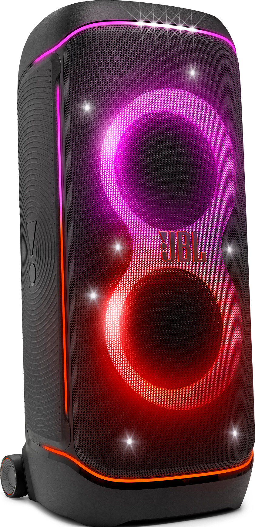 Enceinte JBL noire avec anneaux lumineux rouges et violets. Logo JBL visible. L'enceinte a une façade en mesh et une poignée.