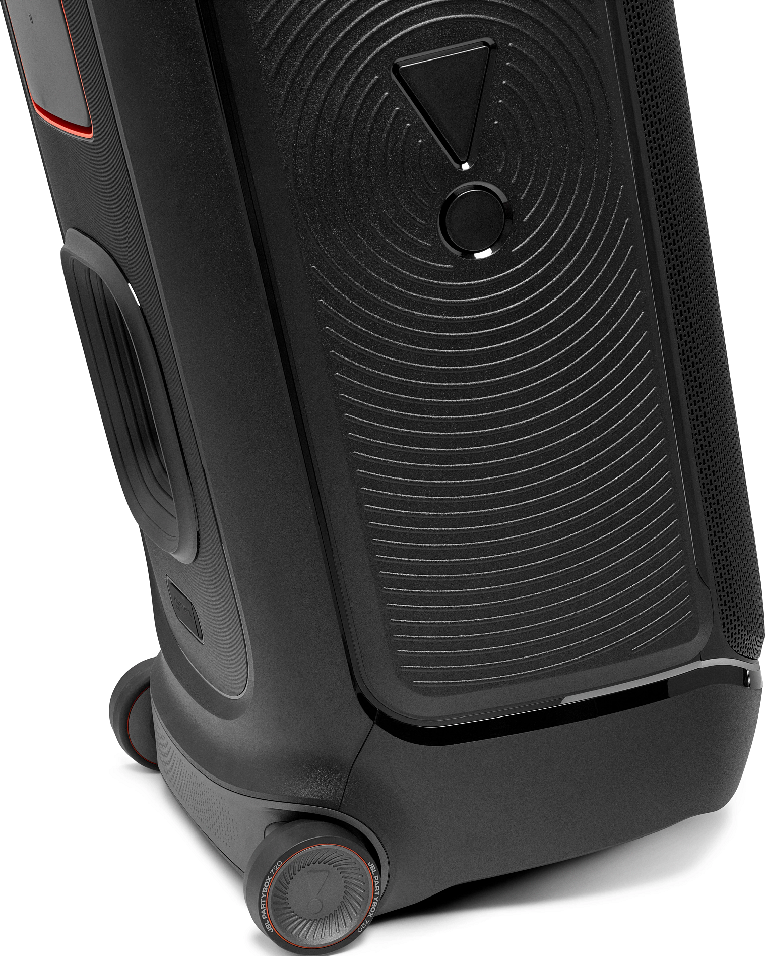 Haut-parleur JBL PartyBox 720 noir sur roues. Comporte un panneau avant texturé, des commandes et un accent rouge. Le haut-parleur est sur fond blanc.