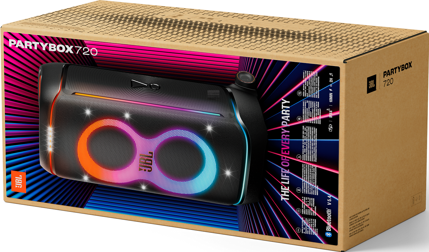 Enceinte JBL PartyBox 720 dans une boîte. L'enceinte a des lumières colorées. La boîte est marron avec des motifs roses et bleus.