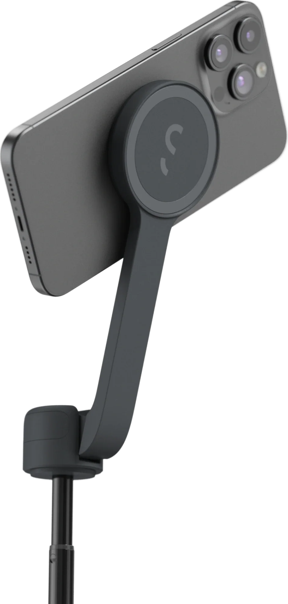 Uno smartphone nero è montato su uno stabilizzatore per telefono grigio. Lo stabilizzatore ha un'impugnatura arrotondata e un braccio lungo e curvo.