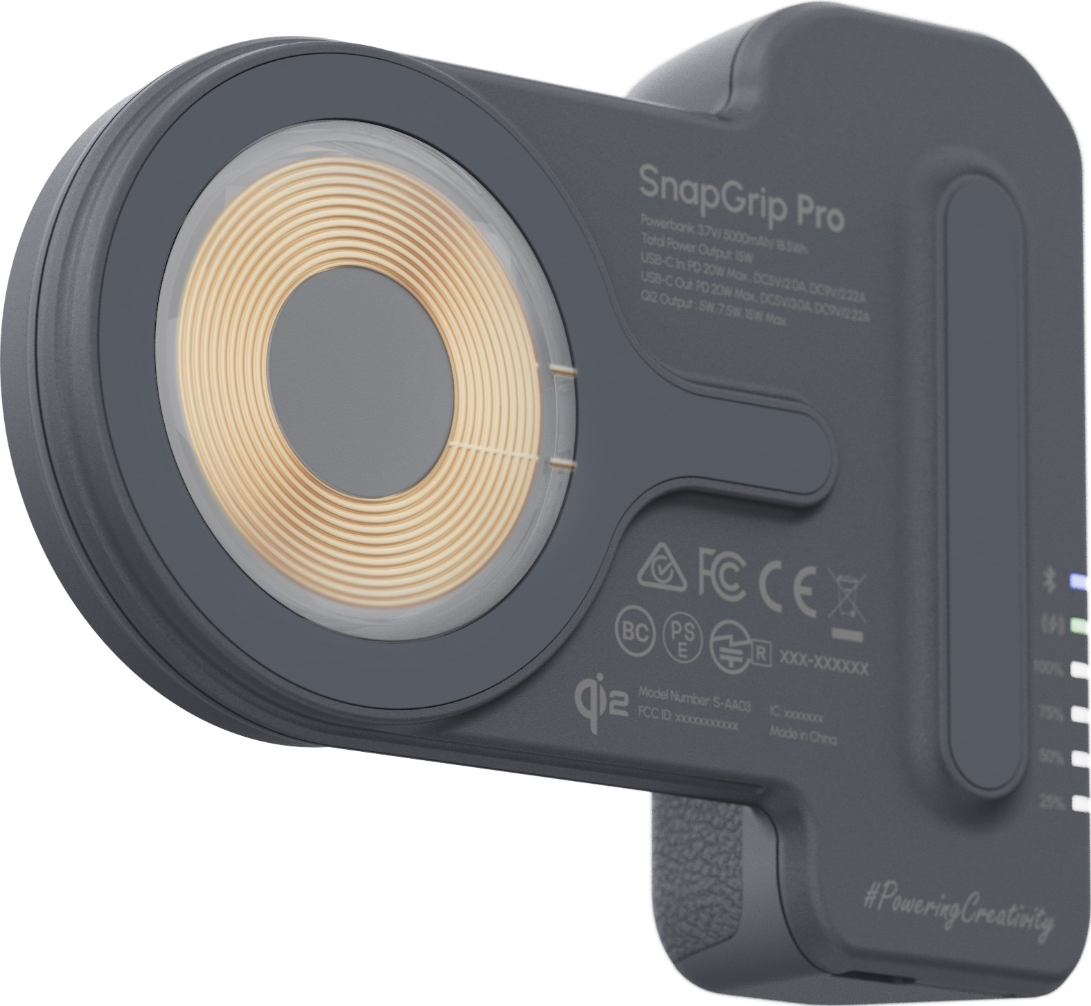 Un dispositivo SnapGrip Pro grigio scuro con un pad di ricarica wireless circolare. Testo e icone visibili.