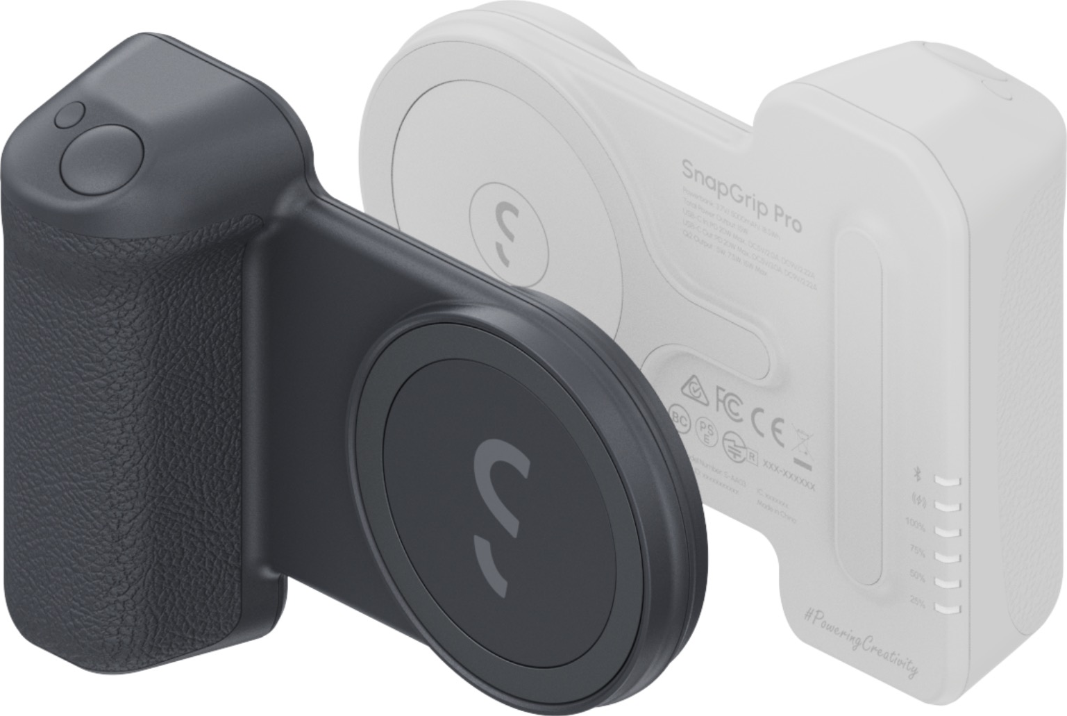 Un dispositivo SnapGrip Pro grigio scuro è mostrato, con una versione grigio più chiara sullo sfondo. Il dispositivo ha un pulsante e un pad circolare.