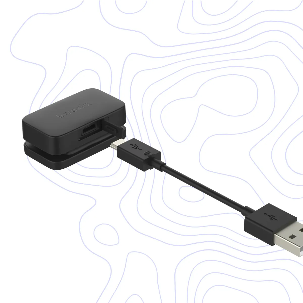 Dispositivo nero con 'invoia'. Un cavo USB è collegato. Sfondo bianco con linee di contorno blu.