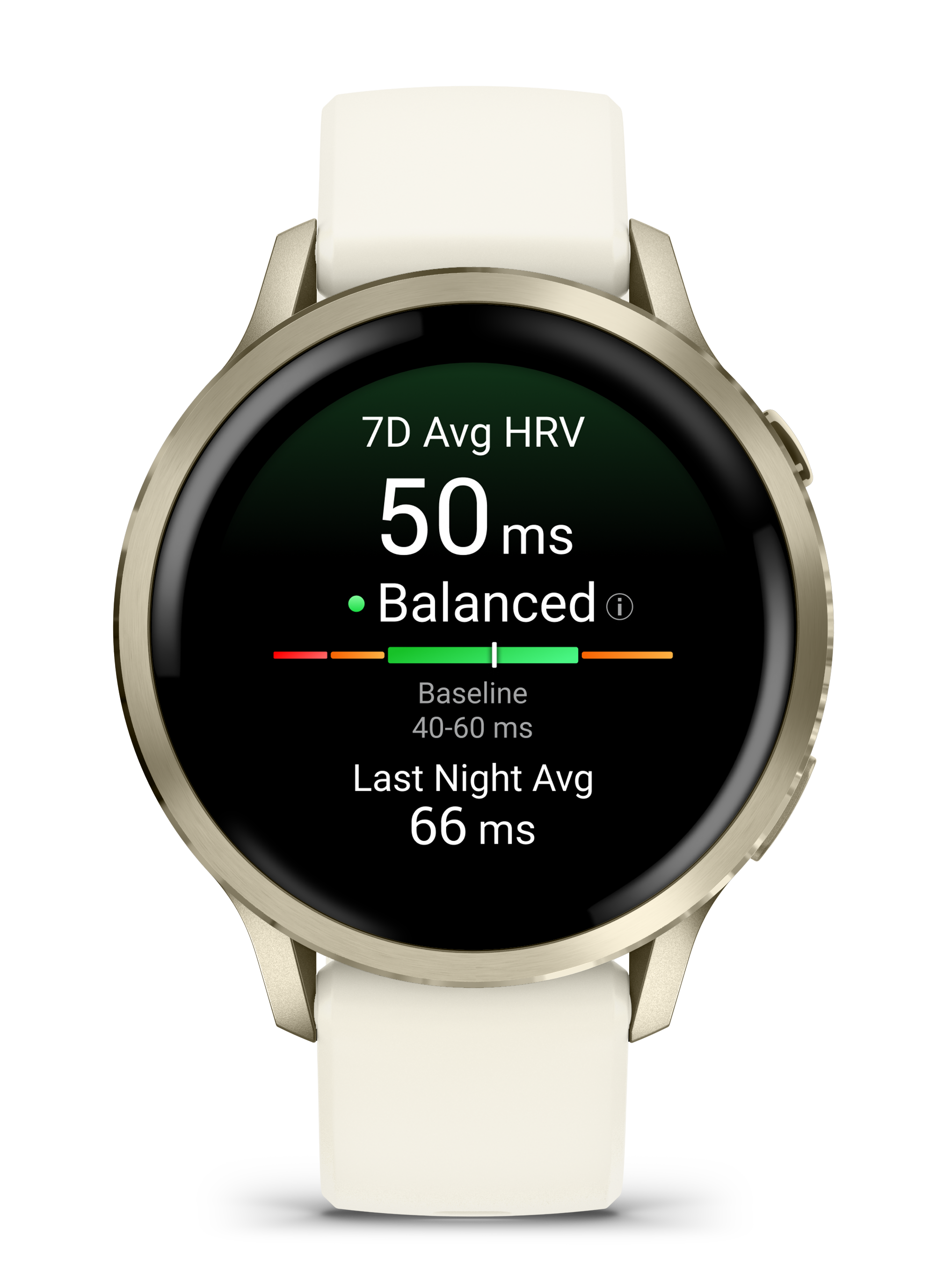 Smartwatch wyświetla dane HRV: 50ms, zrównoważone. Ma złotą ramkę, biały pasek i czarne tło.