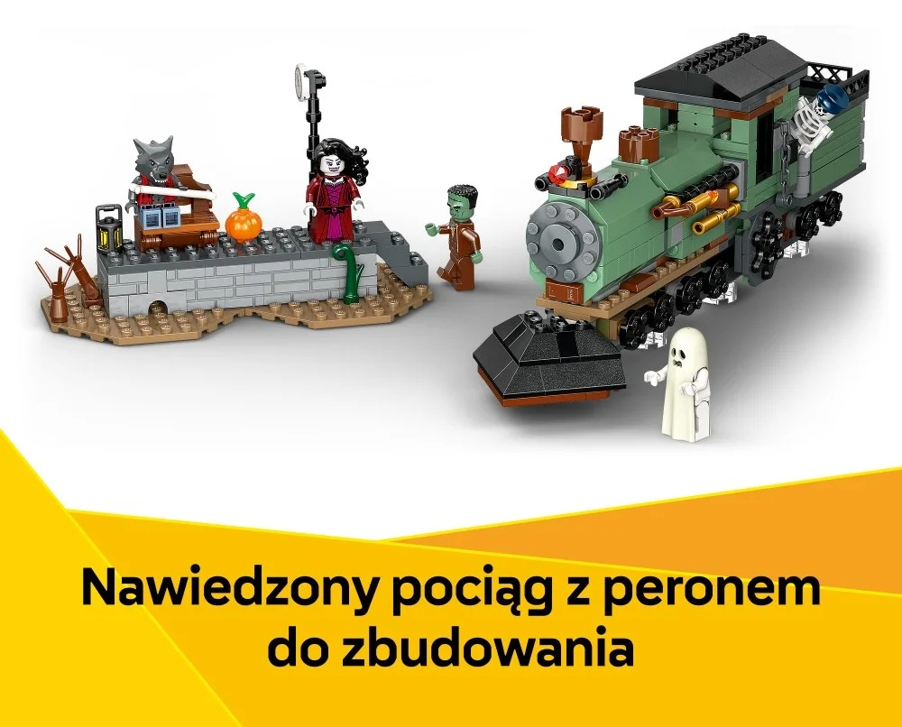 Zestaw pociągu Lego z zielonym pociągiem, platformą z postaciami takimi jak wilkołak, dynia i duch.