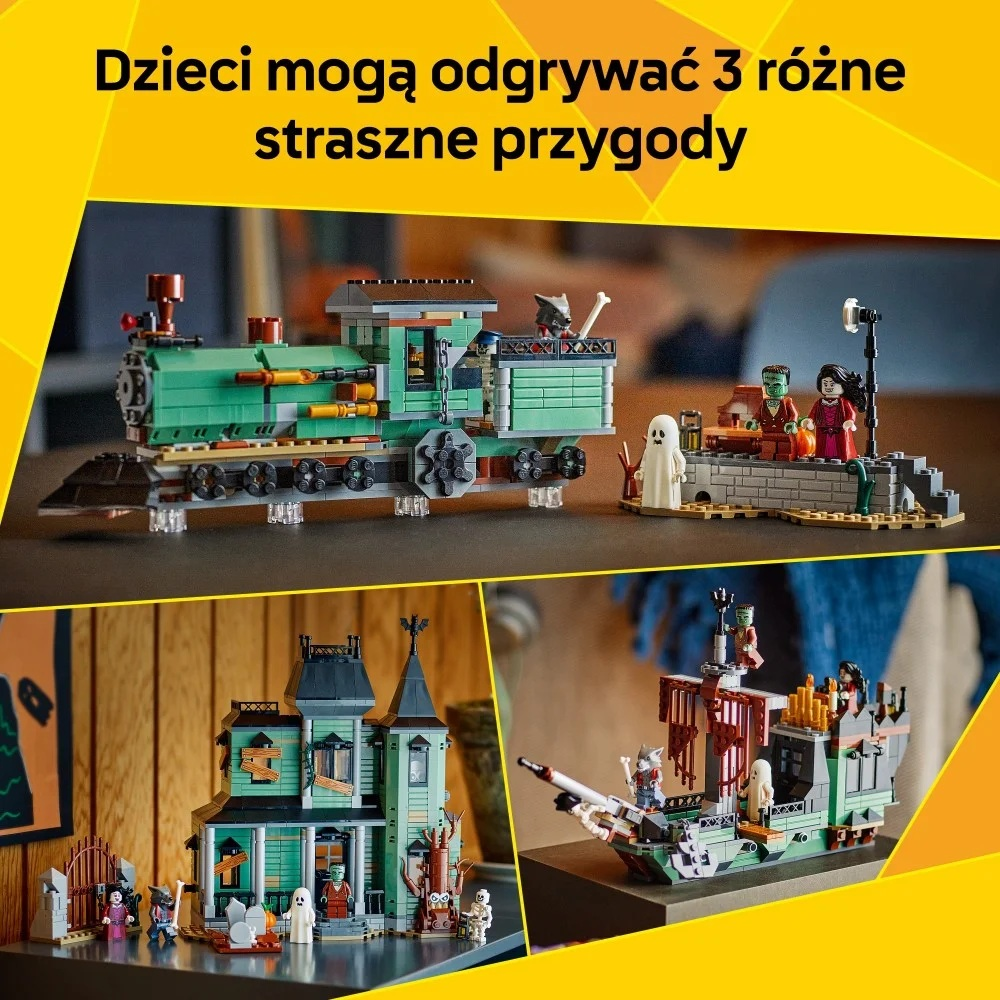 Obraz przedstawia zestawy LEGO: zielony pociąg, nawiedzony dom i statek. Figurki to duchy, potwory i kobieta.