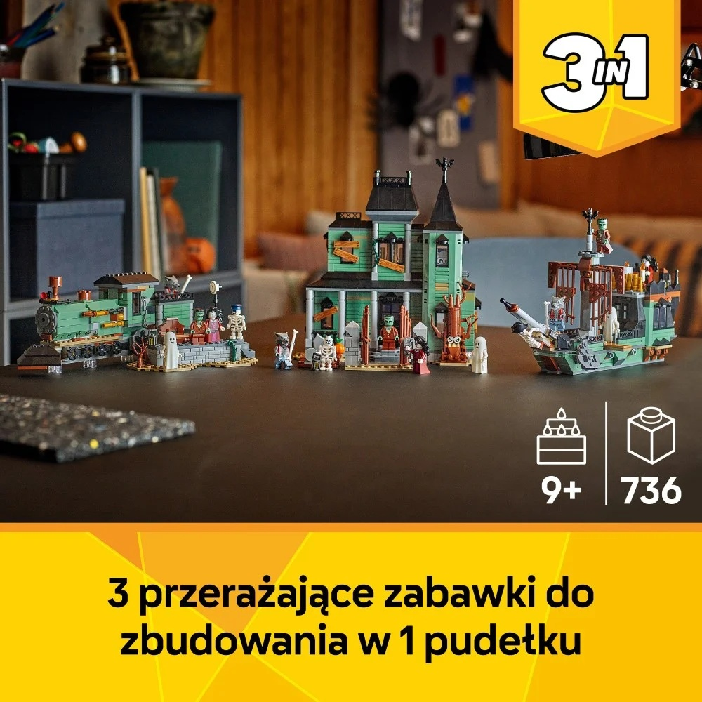 Zestaw Lego z 3 modelami: pociągiem, nawiedzonym domem i statkiem. Zawiera figurki, wiek i liczbę elementów.
