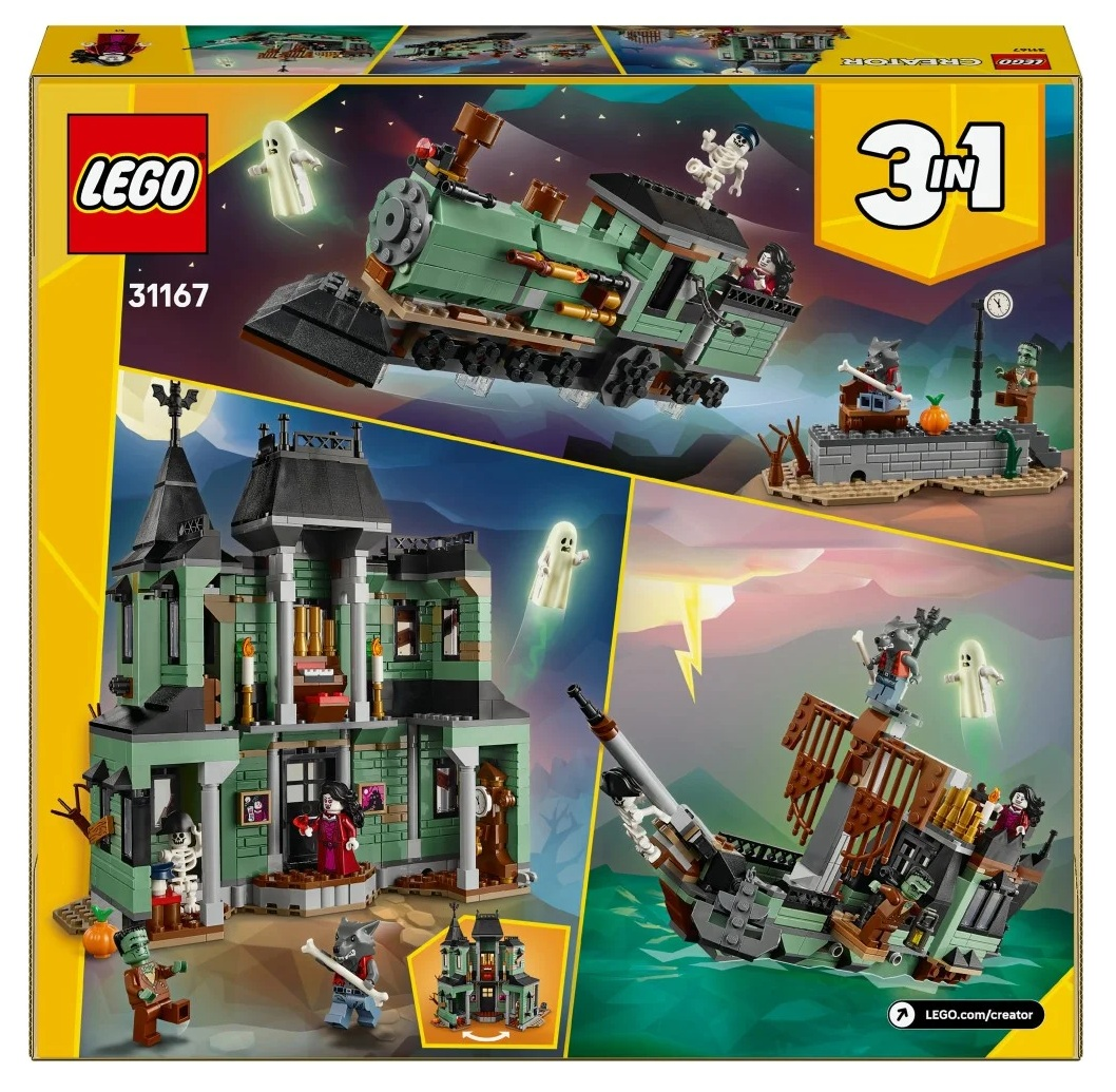 Zestaw Lego Creator 3 w 1. Zawiera nawiedzony dom, pociąg, statek i figurki Halloween, takie jak duchy i szkielety.