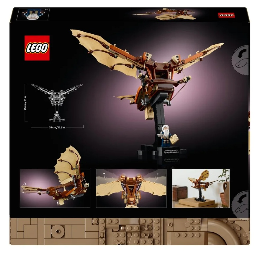 Pudełko zestawu LEGO z Latającą Maszyną Leonarda da Vinci. Zawiera model, minifigurkę i szczegółowe rysunki.