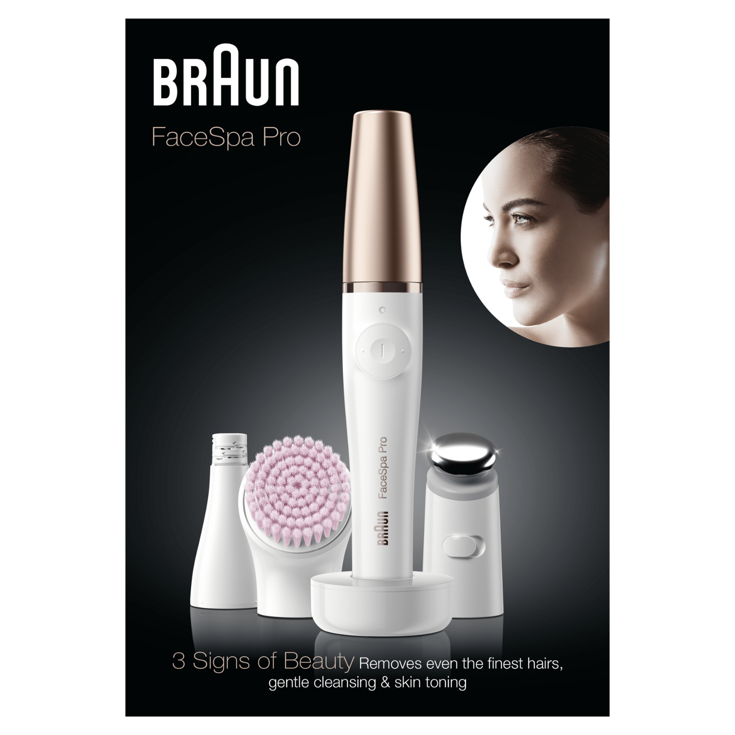 Anuncio de Braun FaceSpa Pro. Muestra el dispositivo, accesorios y rostro de mujer. El texto destaca '3 signos de belleza'.