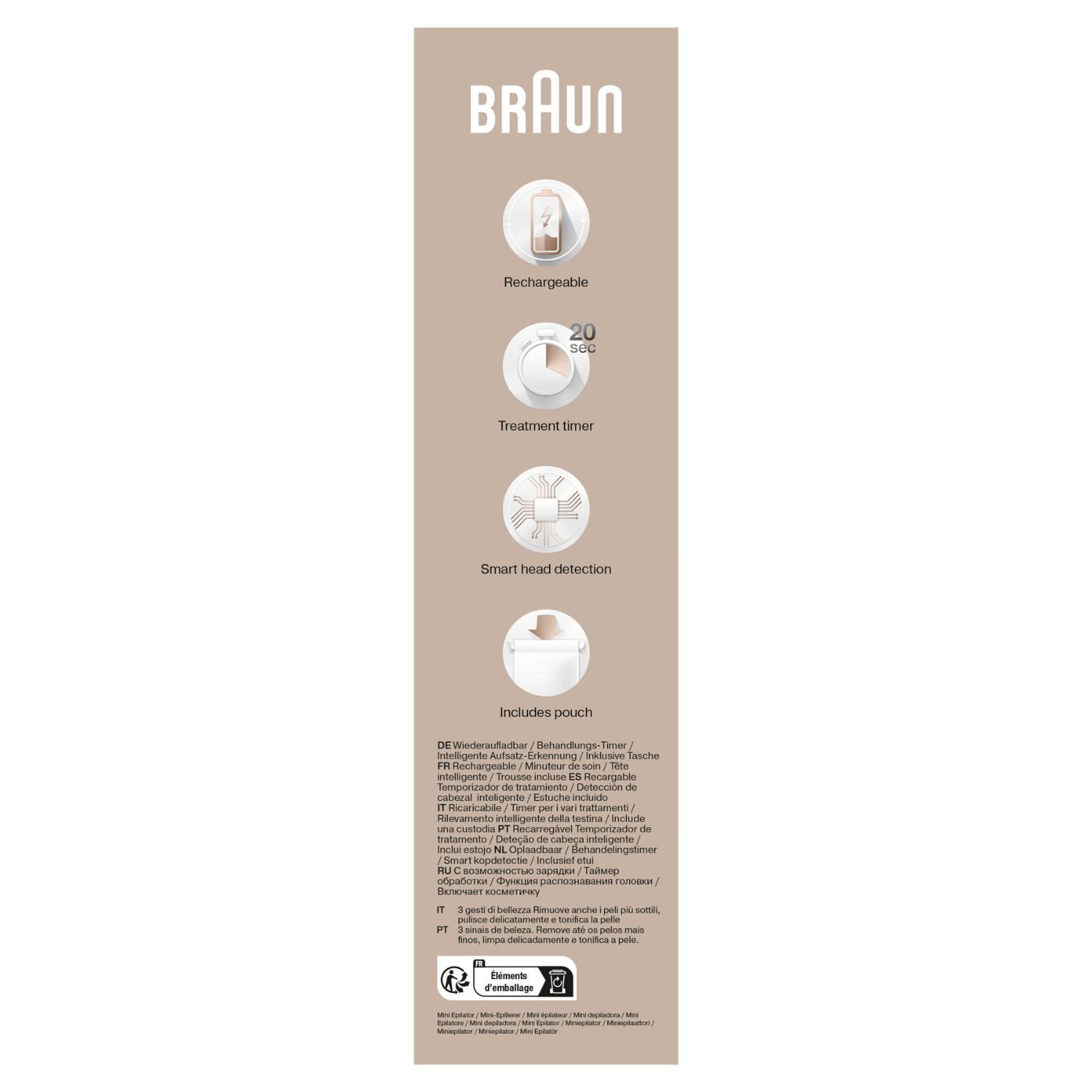 La imagen muestra un producto Braun, destacando características como recargable, temporizador y detección inteligente.