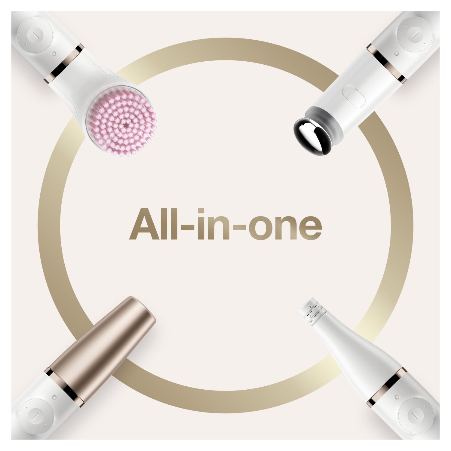 La imagen muestra dispositivos de belleza dispuestos alrededor de un anillo dorado con las palabras 'All-in-one'. Los dispositivos son blancos y dorados.