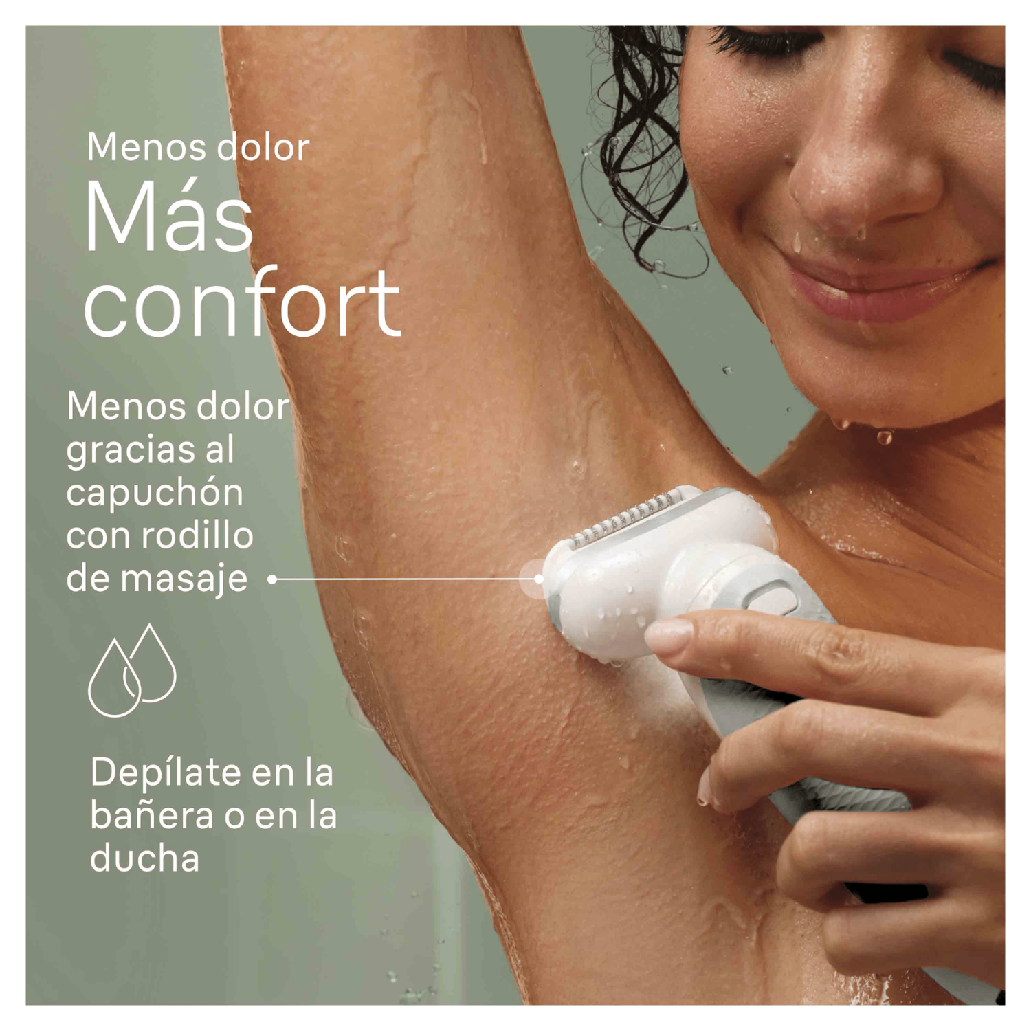 Menos dolor.  Más confort. Menos dolor gracias al capuchón con rodillo de masaje. Depílate en la bañera o en la ducha.