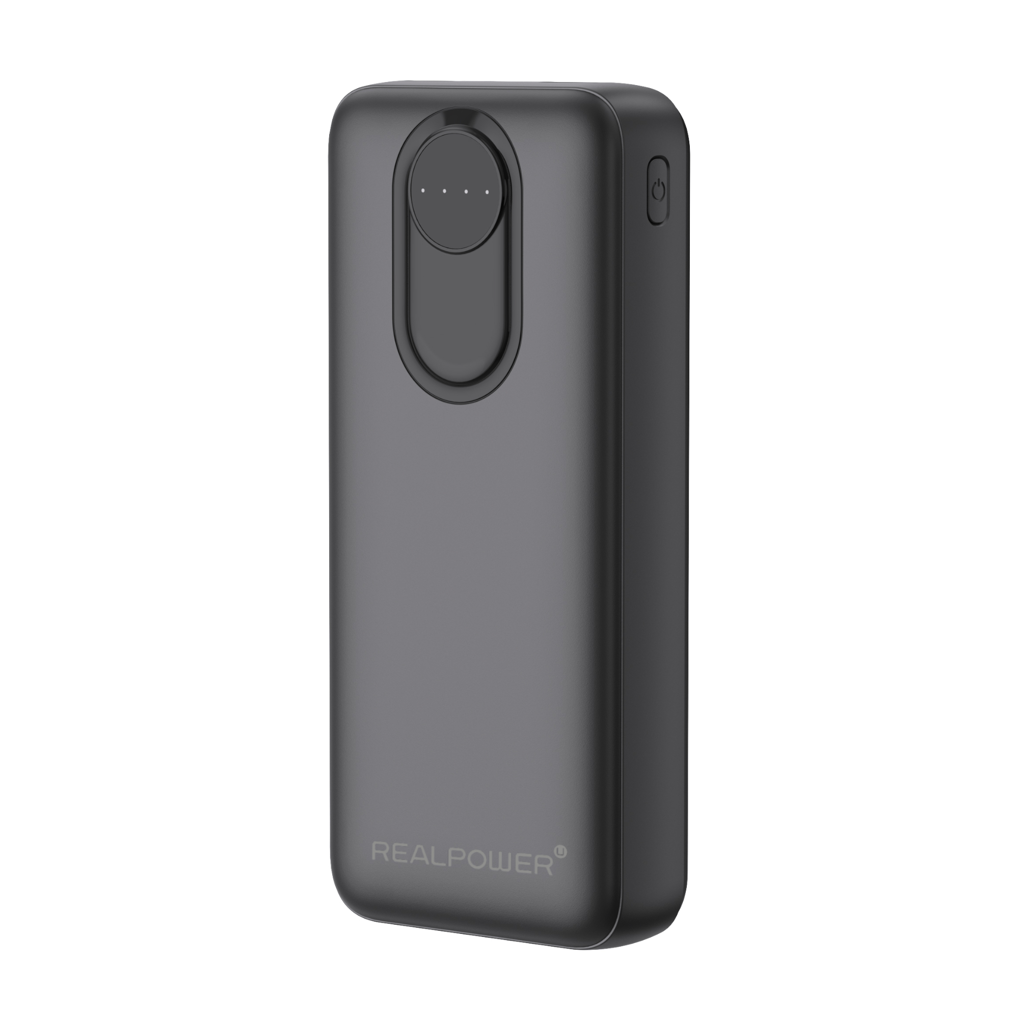 Graue Realpower Powerbank. Sie hat eine ovale Leistungsanzeige mit drei Punkten und einen Ein-/Aus-Schalter.
