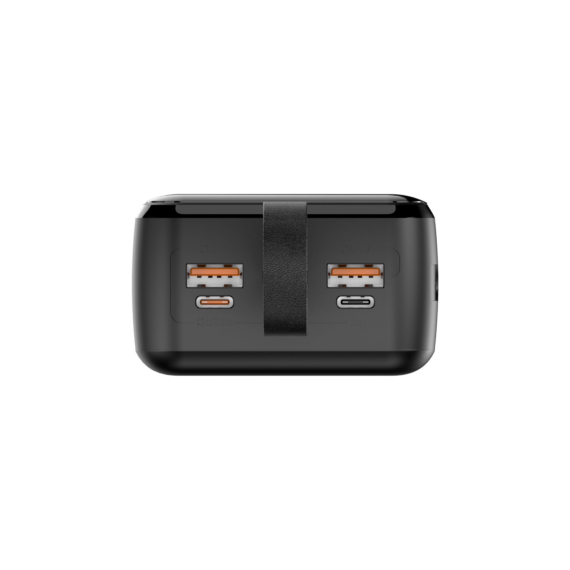 Schwarze Powerbank mit USB-Anschlüssen, einem Lederriemen und weißem Hintergrund. Die Anschlüsse sind orange und schwarz.