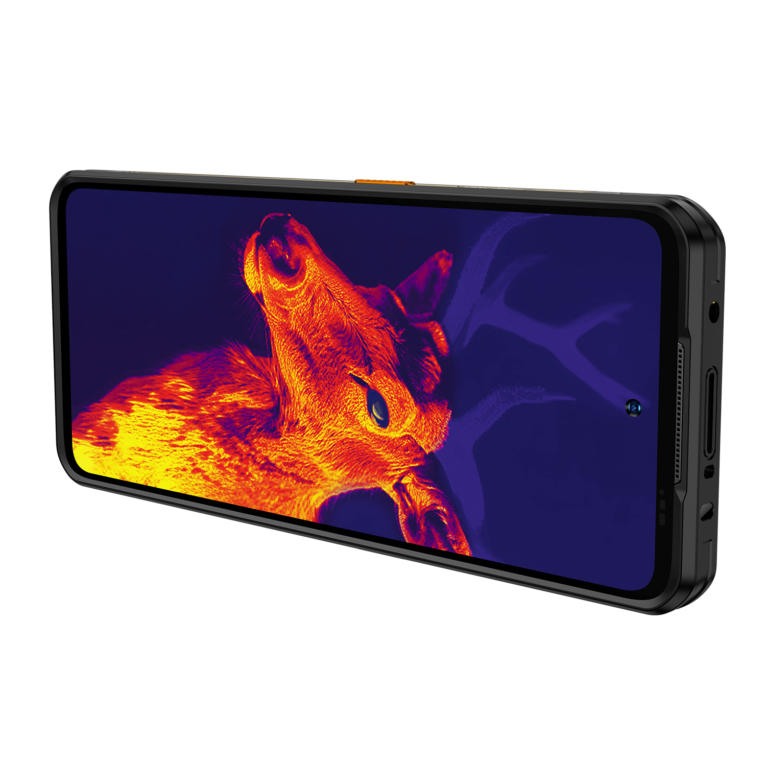 Egy telefon egy szarvas hőképét jeleníti meg. A telefon fekete, narancssárga betéttel.
