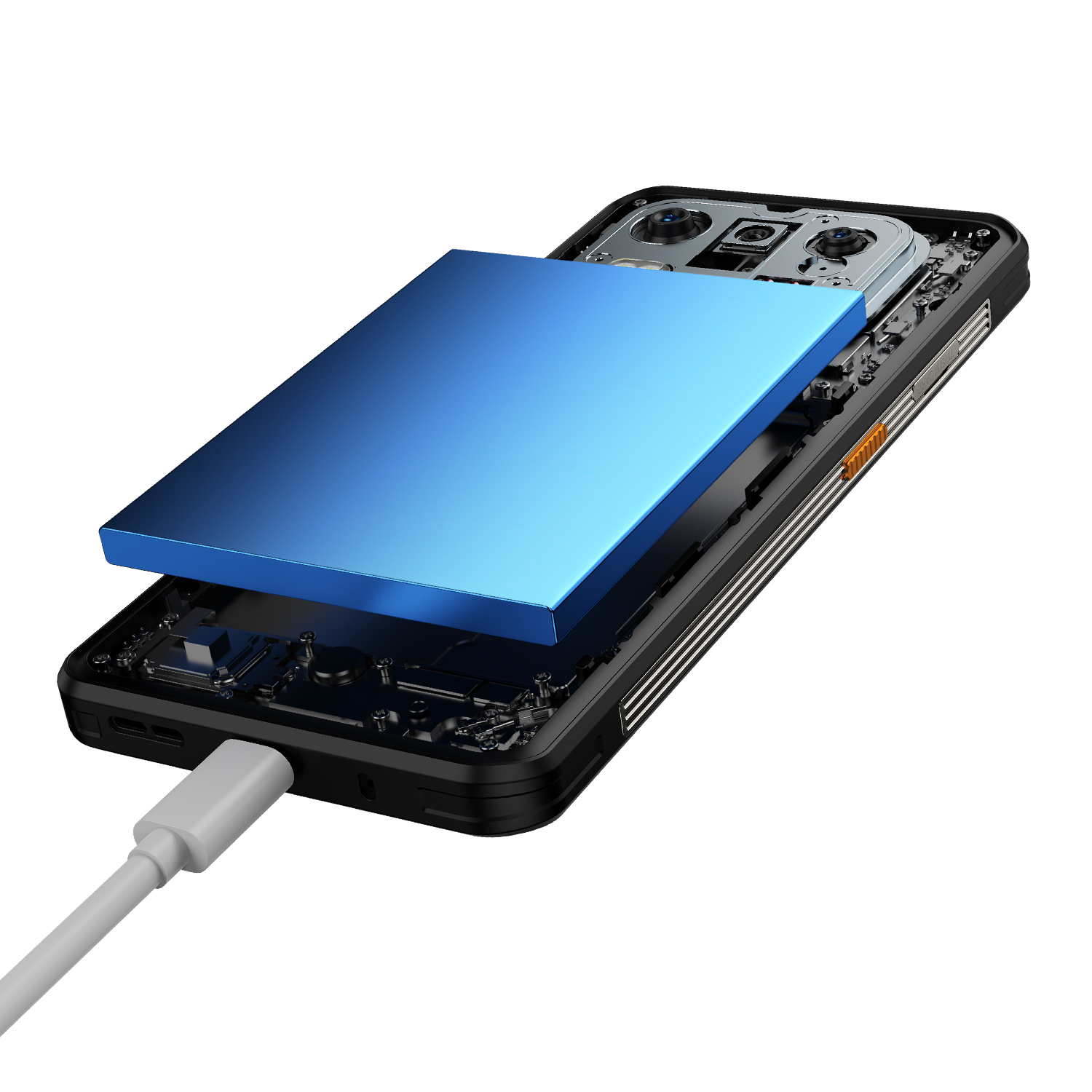 Szétszerelt telefon, kék lemez felette. Telefon fehér kábellel csatlakoztatva.