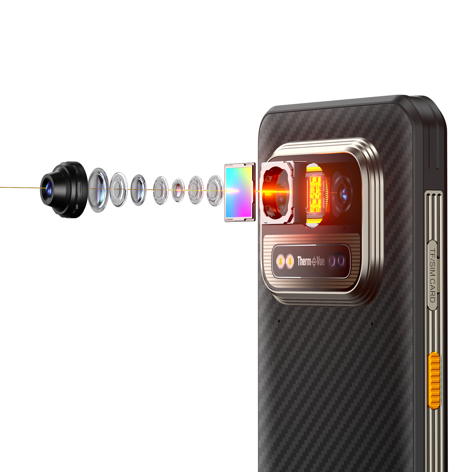 Szétszedett telefon kamera, lencsék, szenzor és hőkép funkciók. Sötét telefon, szénszálas textúrával.