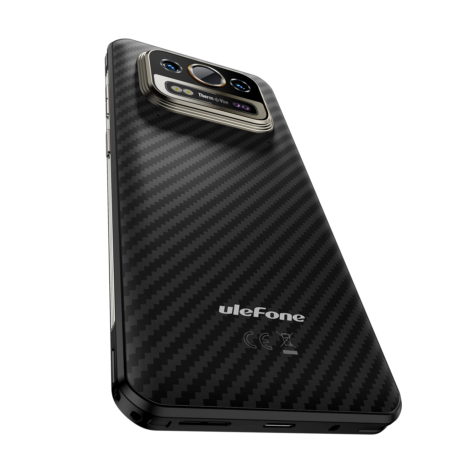 Fekete okostelefon szénszálas textúrával. 'Therm-Vue' feliratú kameramodullal és 'ulefone' logóval.