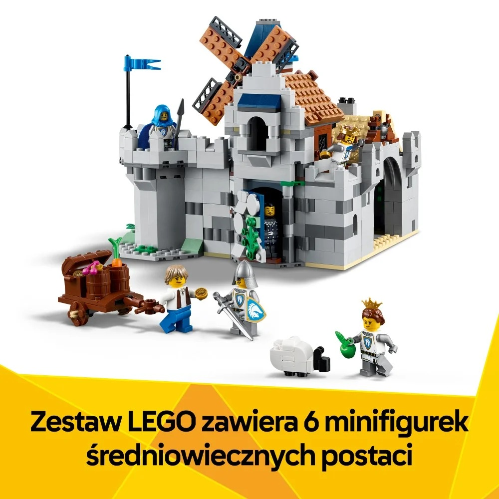 Zestaw zamku Lego z minifigurkami. Na górze wiatrak, z wozem, rycerzem, owcą i innymi postaciami.