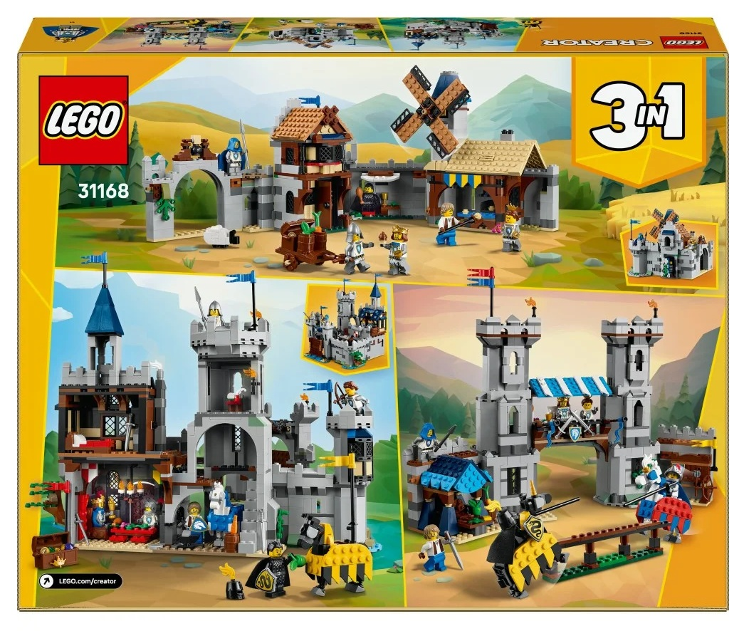 Zestaw LEGO Creator 3 w 1. Pudełko przedstawia sceny z zamkami, rycerzami, końmi i różnymi strukturami, takimi jak wiatrak i fort.