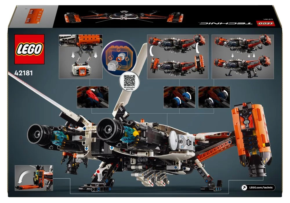 Pudełko zestawu Lego Technic. Zestaw przedstawia czarny, pomarańczowy i biały model statku kosmicznego. Pokazano różne etapy montażu.
