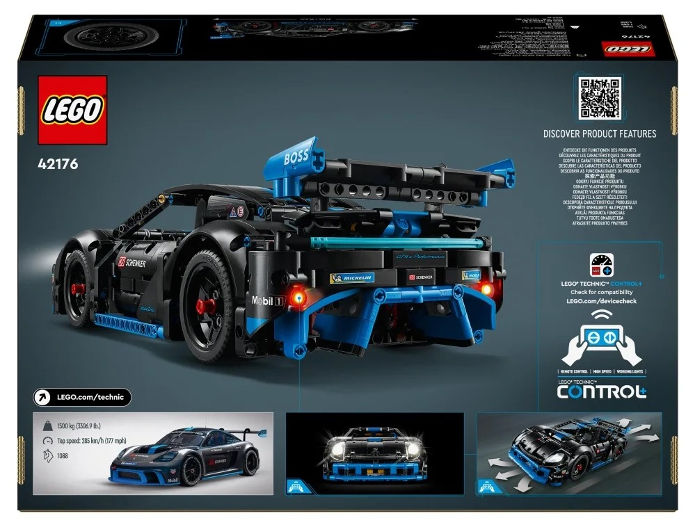 Pudełko zestawu samochodowego Lego Technic. Czarny i niebieski model samochodu wyścigowego z logo sponsorów i specyfikacjami technicznymi.