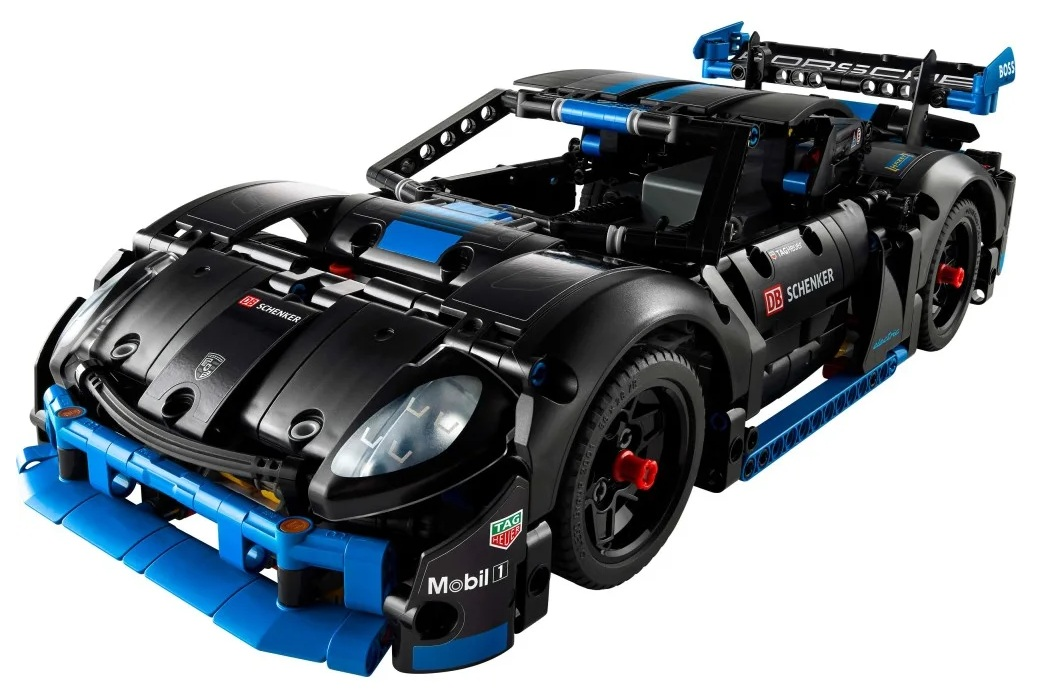 Czarny model wyścigowy Porsche Lego z niebieskimi akcentami. Posiada logo Mobil 1 i DB Schenker. Jest to szczegółowy model ze spoilerem.
