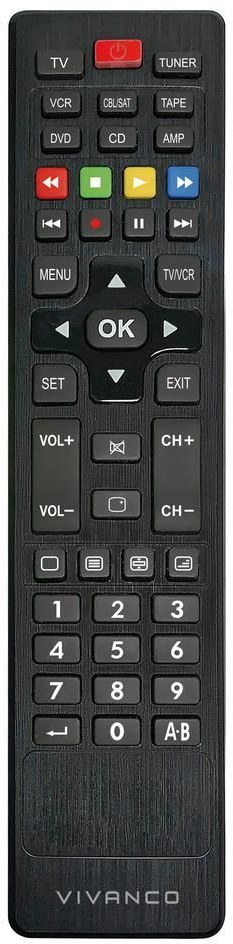 Schwarze Vivanco-Fernbedienung mit vielen Tasten für TV, VCR, DVD und Zahlen 0-9. Power-Taste ist rot.