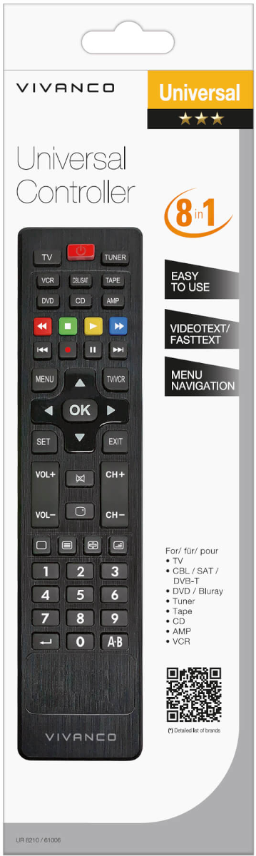 Eine schwarze Vivanco Universalfernbedienung. Sie hat viele Tasten für TV, DVD und andere Geräte und eine 'OK'-Taste.