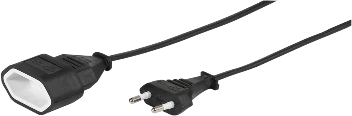 Schwarzes Netzkabel mit Buchse und Stecker. Beide Enden sind auf schwarzem Hintergrund sichtbar.
