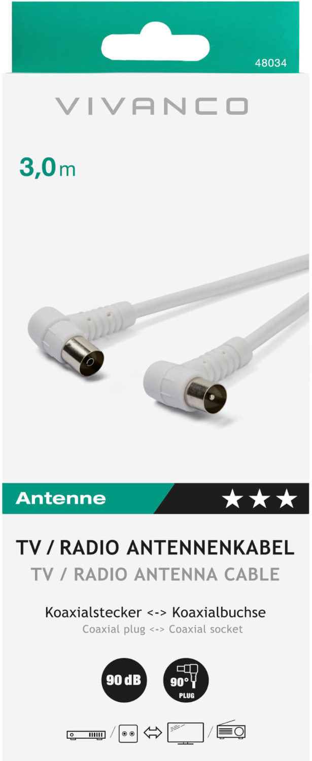 Weißes Antennenkabel auf einer Verpackung. Text: Vivanco, 3,0 m, Antenne, TV/Radio Antennenkabel, Koaxialstecker <lt/><gt/> Koaxialbuchse.