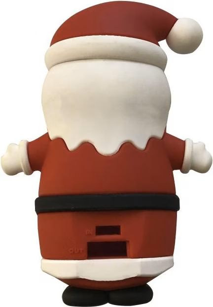 Ein USB-Stick in Form eines Weihnachtsmanns. Er hat einen roten Hut und Anzug, einen weißen Bart, einen schwarzen Gürtel und ein weißes Gesicht.