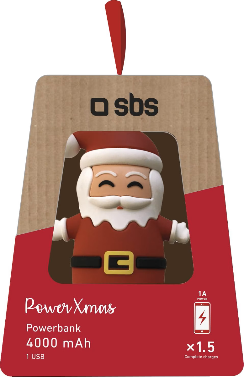 Eine weihnachtliche Powerbank im Santa Claus-Design, verpackt in einer braunen Box mit roten Akzenten. Text auf der Box zeigt ihre Eigenschaften.