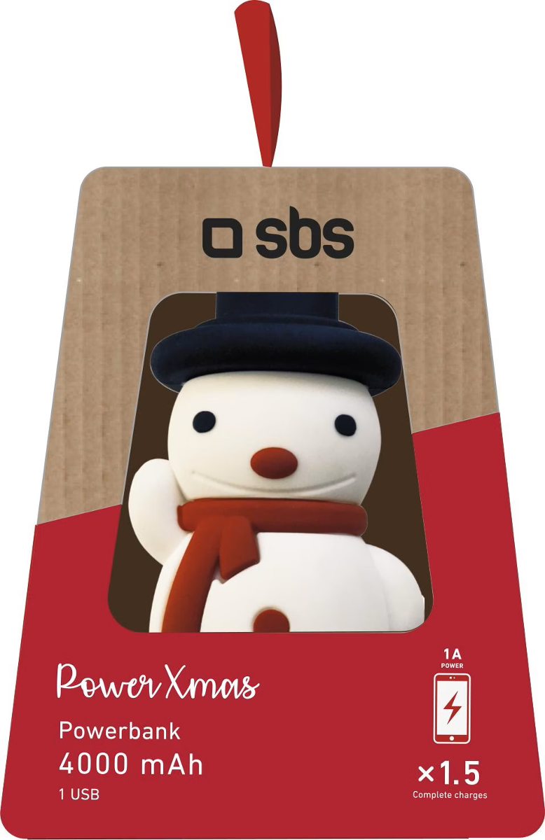 Kartonverpackung mit einer Schneemann-Powerbank. Sie hat einen schwarzen Hut, einen roten Schal und die Worte Power Xmas.