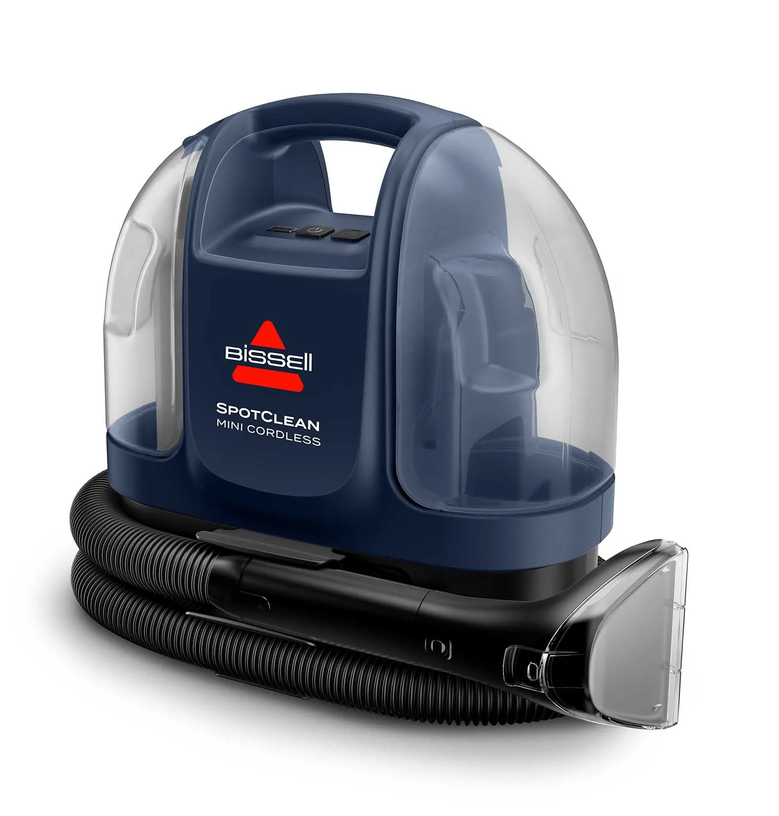 Niebiesko-przezroczysty odkurzacz Bissell SpotClean Mini Cordless na białym tle.