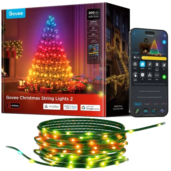 Pudełko produktu i telefon pokazujący lampki choinkowe, łańcuch światełek i światła wokół choinki.