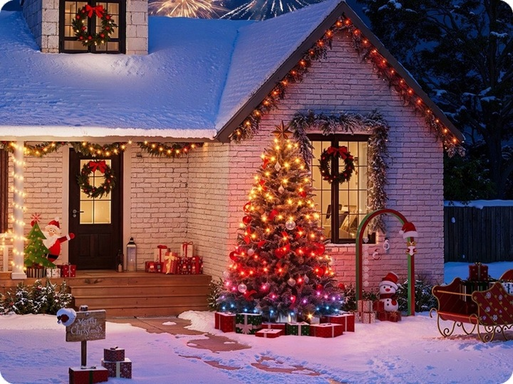 Zasypany śniegiem dom udekorowany na Boże Narodzenie. Z przodu oświetlona choinka, prezenty i sanie. Wieńce i światła zdobią budynek.