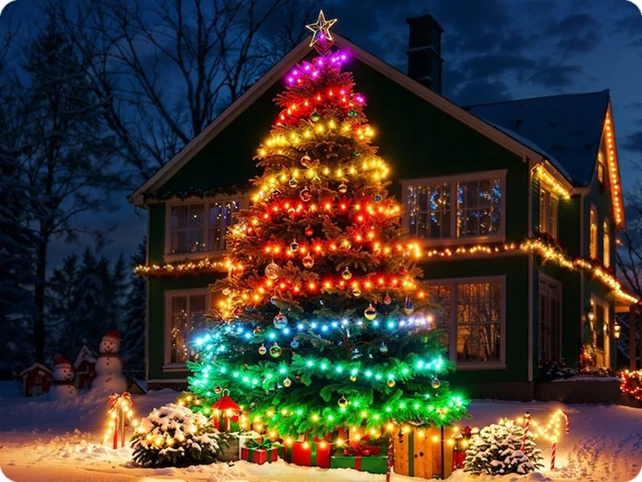 Udekorowana choinka z kolorowymi światłami stoi przed zielonym domem, prezenty i bałwany na ziemi.