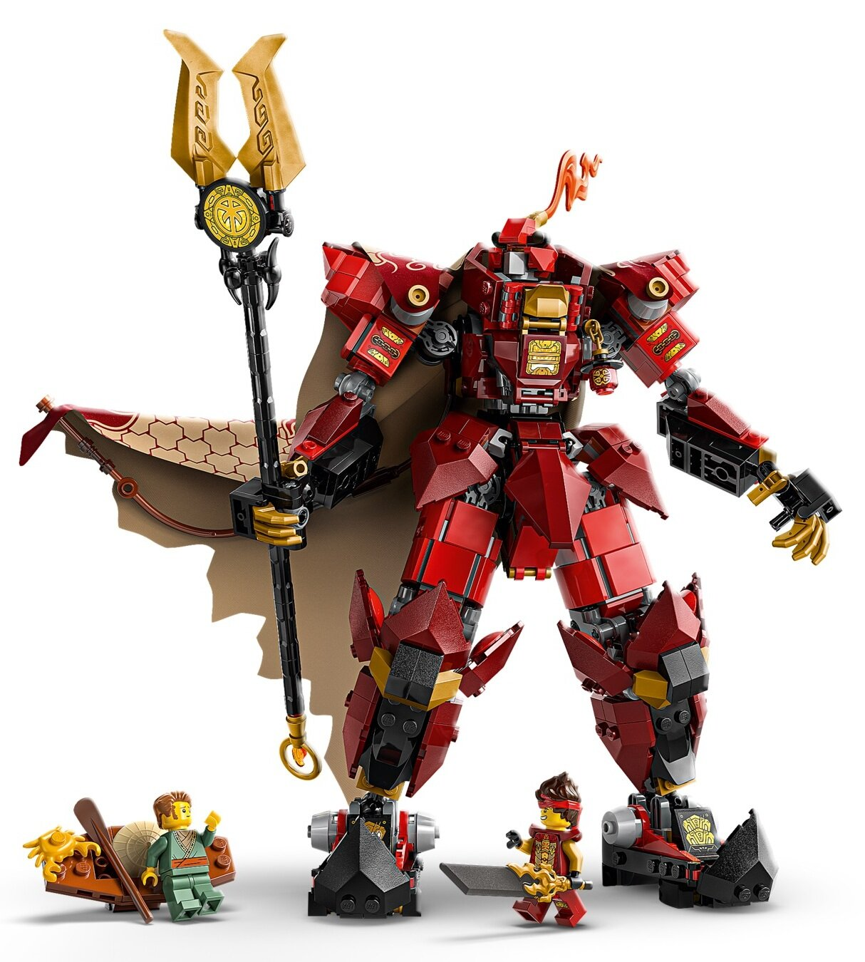 Robot Lego z czerwoną zbroją, złotymi akcentami i dużą laską stoi nad trzema figurkami Lego i łodzią.